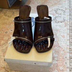 Burberry Dark Brown Leather Mules with Zipper Detail